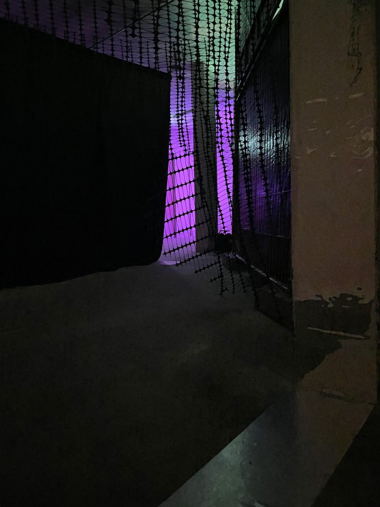 detail of art installation, purple lights