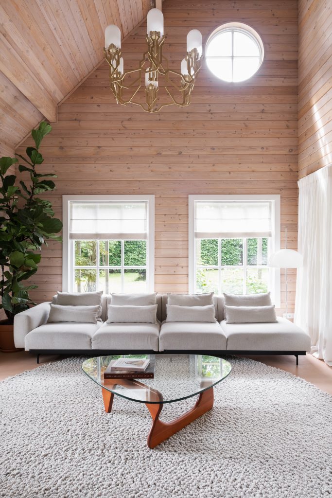 woonkamer met hoog plafond, prachtige verlichting, grote lichte bank, zacht rond kleed, glazen tafel en grote plant