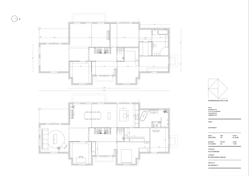 plattegrond voor en na, ontwerp door FELD Amsterdam