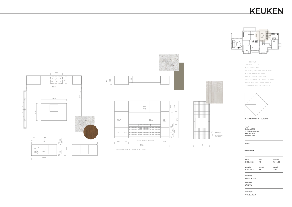 ontwerptekeningen keuken, kookeiland, doorkijkhaard